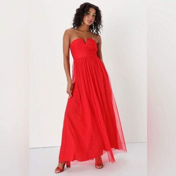 Lulus Queen Behavior Strapless Ruched Red Tulle Maxi Dress Size Small NWT - Picture 8 of 8